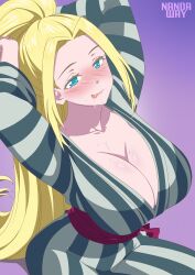 Rule 34 | 1girl, :p, absurdres, arms behind head, beatrix amerhauser, blonde hair, blue eyes, breasts, cleavage, collarbone, high ponytail, highres, huge breasts, japanese clothes, kimono, large breasts, long hair, naughty face, purple background, rs40uchiha, saliva, saliva trail, sidelocks, smile, solo, tongue, tongue out, very long hair, zom 100: zombie ni naru made ni shitai 100 no koto