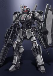 Rule 34 | arm shield, arms at sides, artist logo, assault visor, beam rifle, commentary, commission, dual wielding, energy gun, english commentary, full body, gradient background, gun, gundam, gundam seed, highres, holding, holding gun, holding weapon, legs apart, mecha, mecha focus, mobile suit, no humans, porukima, radio antenna, redesign, robot, science fiction, scope, shadow, solo, standing, strike dagger, weapon