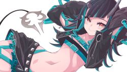 Rule 34 | 1girl, nanashi inc., arms behind head, arms up, bandeau, belt, black hair, black jacket, black skirt, closed mouth, clothing cutout, cropped jacket, demon girl, demon horns, demon tail, fang, flat chest, garter straps, goten (510gensoku), highleg, highres, horns, jacket, long hair, long sleeves, looking at viewer, midriff, miniskirt, multicolored hair, navel, open clothes, open jacket, pointy ears, red eyes, shishio chris, shoulder cutout, simple background, skirt, smile, solo, stomach, streaked hair, sugar lyric, tail, two-tone hair, virtual youtuber, white background