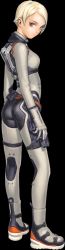 Rule 34 | absurdres, access games, ass, blonde hair, blue eyes, bodysuit, boots, full body, gloves, gun, highres, long image, murata range, sheila crawford, spy fiction, standing, tall image, transparent background, weapon, zipper