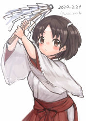 Rule 34 | 1girl, alternate costume, black hair, blush, breasts, brown eyes, dated, gohei, hakama, hakama skirt, highres, holding, japanese clothes, kantai collection, kimono, long sleeves, miko, nagara (kancolle), one-hour drawing challenge, one side up, open mouth, red hakama, short hair, simple background, skirt, solo, twitter username, white background, white kimono, wide sleeves, wss (nicoseiga19993411)