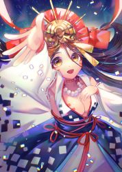 Rule 34 | 1girl, bead necklace, beads, black hair, body markings, breasts, brown eyes, cleavage, commentary request, crown, detached sleeves, facial mark, fate/grand order, fate (series), forehead mark, hair between eyes, hand on own chest, highres, himiko (fate), himiko (third ascension) (fate), japanese clothes, jewelry, kimono, kozou kazaru, long hair, long hair between eyes, looking at viewer, multicolored clothes, multicolored kimono, necklace, outstretched hand, solo, very long hair, wide sleeves