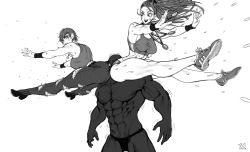 Rule 34 | 1boy, 2girls, ass, ass-to-ass, blood, breasts, captain mizuki, chougoukin kurobikari, commentary, dark-skinned male, dark skin, face in ass, girl sandwich, greyscale, high heels, highres, hip attack, large breasts, long hair, medal, monochrome, multiple girls, muscular, muscular female, nosebleed, one-punch man, pants, sandwiched, sweat, tank top, tanktop girl, the golden smurf, thick thighs, thighs