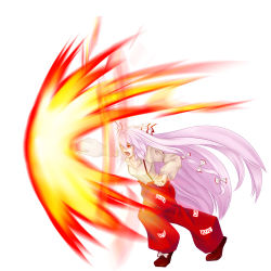 Rule 34 | 1girl, arc system works, bad id, bad pixiv id, blackwing phoenix, female focus, fire, fujiwara no mokou, guilty gear, long hair, parody, punching, red eyes, ribbon, sol badguy, solo, standing, tin fu fa, touhou, tyrant rave, very long hair, white background