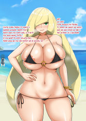 Rule 34 | absurdres, areola slip, bare shoulders, beach, bikini, black bikini, blonde hair, breasts, cleavage, cloud, covered erect nipples, creatures (company), curvy, english text, game freak, green eyes, hair between eyes, hands up, highres, huge breasts, lana (pokemon), long hair, looking at viewer, lusamine (pokemon), mature female, nintendo, outdoors, outstretched arms, pokemon, pokemon sm, sand, sky, standing, swimsuit, wide hips, yamaori