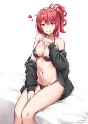 Rule 34 | 1girl, ahoge, bad id, bad pixiv id, bare shoulders, beads, bikini, bikini under clothes, black bikini, blush, breasts, cleavage, collarbone, commentary, commentary request, food, girls&#039; frontline, grin, hair beads, hair ornament, halterneck, heart, highres, holding, holding food, jacket, legs together, long sleeves, looking at viewer, medium breasts, mp7 (girls&#039; frontline), navel, off shoulder, on bed, open clothes, open jacket, parted lips, ponytail, red hair, signature, simple background, sitting, smile, solo, stomach, swimsuit, unzipped, white background, yellow eyes, yp7 (vvy)