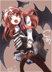 Rule 34 | 1girl, bat wings, book, book stack, falling, head wings, holding, holding book, koakuma, long hair, necktie, open mouth, pantyhose, red eyes, red hair, red necktie, solo, takana shinno, touhou, vest, wings