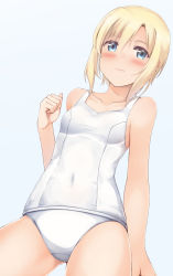 Rule 34 | 1girl, apollo (hu maple), blonde hair, blue eyes, blush, breasts, collarbone, covered navel, highres, looking at viewer, navel, one-piece swimsuit, original, school swimsuit, self-upload, short hair, shoulder, small breasts, solo, swimsuit, thighs, tomboy, white school swimsuit, white one-piece swimsuit