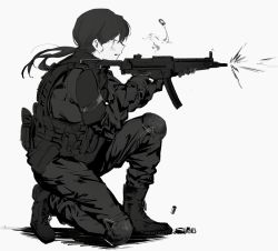 Rule 34 | 1girl, boots, firing, gloves, greyscale, gun, h&amp;k mp5, heckler &amp; koch, knee pads, monochrome, on one knee, original, osu5i, ponytail, shell casing, squatting, submachine gun, tactical clothes, vest, weapon
