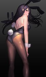 Rule 34 | 10s, 1girl, absurdres, animal ears, ass, back, bad id, bad pixiv id, bare shoulders, black hair, black leotard, black pantyhose, blue eyes, blush, breasts, cup, drinking glass, fake animal ears, feet out of frame, fixro2n, gradient background, hair ornament, hairclip, highleg, highleg leotard, highres, holding, holding tray, leaning forward, leotard, long hair, looking at viewer, looking back, medium breasts, pantyhose, playboy bunny, rabbit ears, rabbit tail, sakurajima mai, seishun buta yarou, solo, standing, tail, tray, wrist cuffs