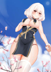 Rule 34 | 1girl, absurdres, azur lane, blue sky, blurry, blurry foreground, branch, breasts, cherry blossoms, china dress, chinese clothes, cleavage, dress, from below, garter straps, gloves, grey dress, half gloves, highres, kanesada dp, large breasts, looking at viewer, looking down, medium hair, official alternate costume, pelvic curtain, red eyes, revealing clothes, see-through, sirius (azur lane), sirius (azure horizons) (azur lane), sky, smile, thighhighs, underboob, white gloves, white hair, white thighhighs