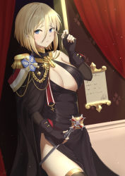 Rule 34 | 1girl, aiguillette, alternate hair length, alternate hairstyle, azur lane, bismarck (azur lane), bismarck (beacon of the iron blood) (azur lane), bismarck (coat of arms), black cape, black dress, black gloves, black thighhighs, blonde hair, blue eyes, blush, breasts, cape, cleavage, coat of arms, commentary, commission, cowboy shot, curtains, dress, elbow gloves, english commentary, epaulettes, evening gown, fingerless gloves, gloves, groin, hair between eyes, holding, holding own hair, holding scepter, iron blood (emblem), large breasts, looking at viewer, medal, medallion, nev (nevblindarts), scepter, short hair, sidelocks, single bare shoulder, skindentation, solo, standing, thighhighs