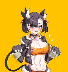 Rule 34 | 1girl, animal hands, asymmetrical bangs, blush, breasts, brown hair, brown jacket, choker, cleavage, collar, commentary request, cosplay, creatures (company), drunkoak, eyelashes, eyeshadow, fake horns, game freak, gen 2 pokemon, gloves, green eyes, hair ribbon, hands up, highres, horns, houndoom, houndoom (cosplay), jacket, korean commentary, makeup, marnie (pokemon), midriff, nintendo, open clothes, open jacket, paw gloves, pink ribbon, pokemon, pokemon swsh, red eyeshadow, ribbon, simple background, smile, solo, teeth, upper teeth only, w arms, yellow background