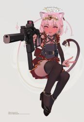 Rule 34 | absurdres, aiming, aiming at viewer, animal ears, black thighhighs, cat ears, cat tail, commission, extended magazine, extra ears, gold headwear, gun, high-capacity magazine, highres, kriss vector, open mouth, optical sight, original, osprey 45, pink eyes, pink hair, pixiv commission, pointing gun, polilla, polygonal suppressor, sitting, sparkle, submachine gun, suppressor, tail, thighhighs, tiara, weapon, white background
