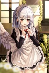 Rule 34 | 1girl, 7saki, absurdres, alternate costume, apron, bad id, bad pixiv id, blue hair, blush, enmaided, highres, indoors, kishin sagume, legs, looking at viewer, maid, maid apron, maid cafe, maid headdress, open mouth, red eyes, short hair, sidelocks, solo, standing, thighs, touhou, wings