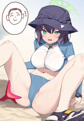 Rule 34 | 1girl, absurdres, beach, bikini, bikini bottom only, black hair, blue archive, blush, breasts, bucket hat, crop top, doodle sensei (blue archive), fallen down, gloves, green eyes, green halo, hair between eyes, halo, hat, highres, large breasts, long hair, long sleeves, looking at viewer, midriff, navel, official alternate costume, open mouth, raglan sleeves, rash guard, saki (blue archive), saki (swimsuit) (blue archive), sand, sandals, sensei (blue archive), short hair, simple background, sitting, spread legs, starfish, suye, sweat, swimsuit, thighs, watch, wristwatch