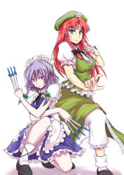Rule 34 | 2girls, apron, between fingers, blue dress, blue eyes, braid, chinese clothes, dress, fighting stance, grey eyes, hair ribbon, hat, holding, holding knife, hong meiling, izayoi sakuya, knife, knives between fingers, long hair, looking at viewer, maid apron, maid headdress, mary janes, multiple girls, puffy short sleeves, puffy sleeves, red hair, ribbon, shoes, short hair, short sleeves, shugoi, silver hair, touhou, tress ribbon, twin braids