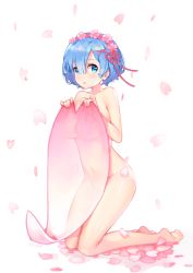 Rule 34 | 10s, 1girl, artist name, ayami (annahibi), barefoot, blue eyes, blue hair, breasts, cherry blossoms, commentary, covering privates, feet, flower wreath, full body, hair between eyes, hair ornament, hair ribbon, head wreath, kneeling, looking at viewer, medium breasts, navel, nude, open mouth, oversized object, pink ribbon, re:zero kara hajimeru isekai seikatsu, rem (re:zero), ribbon, see-through, short hair, simple background, solo, thighs, toes, white background, x hair ornament