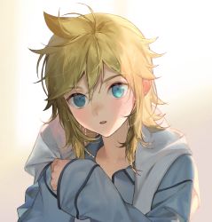 Rule 34 | 1boy, blonde hair, blue eyes, hair down, hair flip, holding, holding towel, kagamine len, long sleeves, looking at viewer, male focus, medium hair, naoko (naonocoto), pajamas, parted lips, sleeves past wrists, sparkle, towel, towel around neck, upper body, vocaloid, wet, wet hair