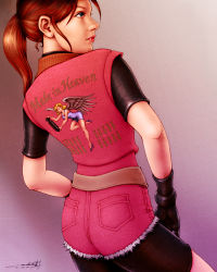Rule 34 | 1girl, ass, back, bike shorts, brown hair, capcom, claire redfield, eric lin, lips, ponytail, resident evil, resident evil 2, shorts, solo, vest