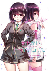 Rule 34 | 2girls, ayakashi triangle, cleaned, commentary, detached sleeves, dual persona, english commentary, hair ornament, hairclip, happy, highres, kanade suzu, looking at viewer, momocchi18, multiple girls, necktie, official art, purple eyes, purple hair, school uniform, short hair, simple background, skirt, smile, standing, striped necktie, thighhighs, thighs, white background, yabuki kentarou