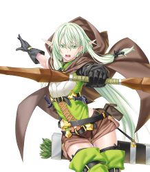 Rule 34 | 1girl, arrow (projectile), bare arms, black gloves, bow, bow (weapon), brown cape, brown shorts, cape, drawn bow, elf, gloves, goblin slayer!, green eyes, green hair, hair bow, hair ornament, high elf archer (goblin slayer!), highres, holding, holding bow (weapon), holding weapon, kannatsuki noboru, knife, long hair, non-web source, novel illustration, official art, pointy ears, ponytail, quiver, shirt, shorts, simple background, sleeveless, sleeveless shirt, solo, textless version, thighhighs, weapon, white background