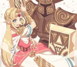 Rule 34 | 1girl, arm up, armor, belt, blonde hair, blue eyes, commentary, dress, earrings, english commentary, fake horns, full armor, gold trim, helmet, highres, horned helmet, horns, hylian shield, jewelry, long hair, looking at viewer, miri (cherryjelly), multicolored clothes, multicolored dress, necklace, nintendo, open mouth, phantom (zelda), pink dress, pointy ears, princess zelda, shawl, sheath, shield, short sleeves, star-shaped pupils, star (symbol), super smash bros., sword, symbol-shaped pupils, the legend of zelda, the legend of zelda: a link between worlds, the legend of zelda: spirit tracks, tiara, triforce earrings, weapon, white dress