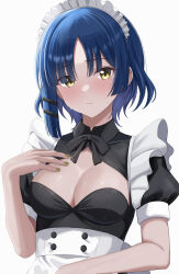 Rule 34 | 1girl, absurdres, apron, black bow, black bowtie, black dress, blue hair, blush, bocchi the rock!, bow, bowtie, breasts, cleavage, cleavage cutout, closed mouth, clothing cutout, commentary request, dress, fingernails, green nails, hair ornament, hairclip, hand on own chest, highres, large breasts, looking at viewer, maid, maid headdress, makise (mix020511), mole, mole under eye, nail polish, puffy short sleeves, puffy sleeves, short hair, short sleeves, simple background, solo, sweat, upper body, waist apron, white apron, white background, yamada ryo, yellow eyes