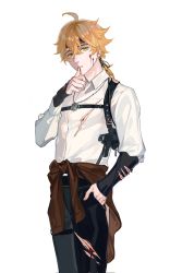 Rule 34 | 1boy, ahoge, arm at side, arm guards, asymmetrical sleeves, black pants, blonde hair, blood, blood on arm, blood on chest, blood on face, blood on hands, blood on leg, brown jacket, clothes around waist, collared shirt, cowboy shot, cuts, donaldakron, dress shirt, finger to mouth, genshin impact, green eyes, gun, hair between eyes, hand up, handgun, headband, highres, holster, holstered, injury, jacket, jacket around waist, jewelry, legs together, long sleeves, looking at viewer, low ponytail, male focus, medium hair, necklace, pants, parted lips, pendant, ponytail, shirt, shoulder holster, simple background, solo, thoma (genshin impact), thumbs up, torn clothes, torn pants, torn shirt, weapon, white background, white shirt