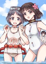 Rule 34 | 10s, 1boy, 2girls, :o, adapted costume, axis powers hetalia, bad id, bad pixiv id, black eyes, black hair, blue sky, blush, brown eyes, brown hair, buttons, cherry blossoms, choker, cloud, collarbone, covered navel, crossover, day, dual persona, flower, genderswap, genderswap (mtf), goggles, goggles on head, hair flower, hair ornament, japan (hetalia), japanese flag, kantai collection, maru-yu (kancolle), military, military uniform, multiple girls, ocean, one-piece swimsuit, open mouth, outdoors, partially submerged, school swimsuit, setori, short hair, sky, swimsuit, uniform, wading, water, white school swimsuit, white one-piece swimsuit