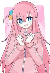 Rule 34 | 1girl, blue eyes, bocchi the rock!, bright pupils, commentary request, cube hair ornament, flying sweatdrops, gotoh hitori, hair between eyes, hair ornament, hands up, highres, hujisun, jacket, long hair, long sleeves, looking at viewer, open mouth, partial commentary, pink hair, pink jacket, simple background, smile, solo, track jacket, upper body, very long hair, white pupils