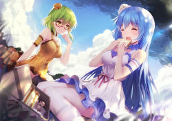 Rule 34 | 2girls, :d, ^ ^, arm strap, bare shoulders, bison cangshu, black legwear, blue hair, blush, breasts, closed eyes, closed mouth, cloud, cloudy sky, dappled sunlight, day, dress, food, glasses, green hair, hair between eyes, hat, highres, large breasts, long hair, looking at another, mini hat, multiple girls, new orleans (warship girls r), open mouth, outdoors, picnic basket, quincy (warship girls r), red-framed eyewear, sandwich, semi-rimless eyewear, short hair, sitting, sky, smile, sunlight, thighhighs, under-rim eyewear, very long hair, wariza, warship girls r, white dress, white legwear, yellow dress, yellow eyes