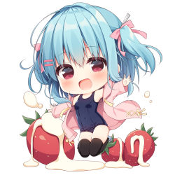 Rule 34 | 1girl, :d, bare shoulders, black thighhighs, blue footwear, blue hair, blue one-piece swimsuit, blush, bow, bra, breasts, chibi, covered navel, food, fruit, full body, hair between eyes, hair bow, hair ornament, hairclip, hanamiya natsuka, hood, hood down, hooded jacket, jacket, long sleeves, lowres, old school swimsuit, one-piece swimsuit, open clothes, open jacket, open mouth, original, pink bow, pink bra, red eyes, school swimsuit, shoes, simple background, sleeves past wrists, small breasts, smile, solo, strawberry, swimsuit, thighhighs, two side up, underwear, white background