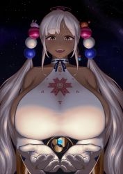 Rule 34 | 1girl, :d, bare shoulders, blonde hair, breasts, choker, crab, dark-skinned female, dark skin, earth (planet), elbow gloves, giant, giantess, gloves, hair ornament, hololive, hololive english, huge breasts, low twintails, open mouth, planet, planet hair ornament, rabbit, ribbon, smile, solo, space, star (sky), tsukumo sana, tsukumo sana (1st costume), twintails, upper body, virtual youtuber, yellow eyes, yuugatou (yuuzutu)