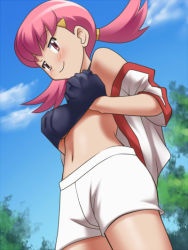 Rule 34 | 1girl, awa, bare shoulders, black bra, blush, bra, grabbing another&#039;s breast, breast hold, breasts, cloud, cowboy shot, creatures (company), day, flipped hair, from below, from side, game freak, grabbing, grabbing own breast, gym leader, hair ornament, hand under clothes, light smile, lingerie, looking at viewer, midriff, naughty face, navel, nintendo, off shoulder, open clothes, open shirt, outdoors, pink eyes, pink hair, pokemon, red eyes, scrunchie, shirt, short hair, short sleeves, short twintails, shorts, sky, smile, solo, tree, twintails, underwear, whitney (pokemon)