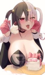Rule 34 | 1girl, black choker, black hair, blush, breasts, cake, choker, cleavage, collarbone, diamond-shaped pupils, diamond (shape), food, gloves, heart, heart-shaped pupils, highres, huge breasts, indie virtual youtuber, long sleeves, mole, mole on breast, mole under eye, multicolored hair, open mouth, pink gloves, pink hair, red eyes, satou daiji, solo, symbol-shaped pupils, tongue, towa (towa akqj10), virtual youtuber, wrist cuffs