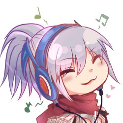 Rule 34 | 1boy, :3, armor, assassin cross (ragnarok online), black shirt, chibi, closed eyes, closed mouth, commentary request, grey hair, gyate gyate, hair between eyes, headphones, heart, high ponytail, highres, lanmei jiang, long bangs, male focus, musical note, pauldrons, ragnarok online, red scarf, scarf, shirt, short hair, short ponytail, shoulder armor, simple background, smile, solo, upper body, white background