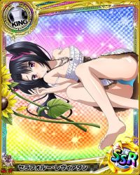 Rule 34 | 10s, 1girl, artist request, ass, barefoot, black hair, breasts, card (medium), character name, chess piece, cleavage, dress, feet, flower, hair ribbon, high school dxd, jewelry, king (chess), large breasts, long hair, necklace, official art, purple eyes, ribbon, serafall leviathan, solo, sunflower, trading card, twintails, underwear