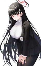 Rule 34 | 1girl, black hair, black jacket, black pantyhose, black skirt, blazer, blue archive, breasts, caba (caba091), cowboy shot, hair ornament, hairclip, halo, hand on own thigh, highres, id card, jacket, large breasts, long hair, long sleeves, looking at viewer, miniskirt, pantyhose, pleated skirt, red eyes, rio (blue archive), simple background, skirt, solo, standing, sweater, taut sweater, turtleneck, turtleneck sweater, very long hair, white background, white sweater, wing collar