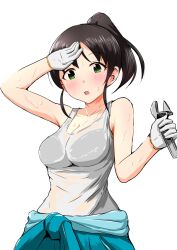 Rule 34 | 1girl, aizawa u-ji, bare shoulders, black bra, black hair, blue jumpsuit, blush, bra, breasts, cleavage, clothes around waist, collarbone, gloves, green eyes, hands up, harada miyo, highres, holding, holding wrench, hot, idolmaster, idolmaster cinderella girls, idolmaster cinderella girls starlight stage, jumpsuit, large breasts, looking at viewer, open mouth, ponytail, short hair, simple background, solo, sweat, sweaty clothes, tank top, underwear, upper body, white background, white gloves, white tank top, work gloves, wrench