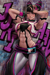 Rule 34 | 1girl, abs, absurdres, armpits, arms up, ayaki blade, belt, black hair, bracelet, brick wall, collar, cropped legs, graffiti, han juri, hand on own head, highres, jewelry, muscular, muscular female, pink eyes, ponytail, smile, spiked bracelet, spiked collar, spikes, standing, street fighter, street fighter 6