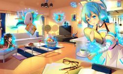 Rule 34 | 3d, 4girls, :d, apron, aqua eyes, aqua hair, arm warmers, aura, azuma hikari, bare shoulders, black-framed eyewear, black hair, blush, book, box, candle, ceiling light, choker, closed mouth, coffee, coffee cup, collarbone, couch, creature, cube, cup, curtains, day, desk, detached sleeves, disposable cup, eyebrows, fairy, floating, flower, flying, glasses, glowing, grey apron, hair ornament, hair ribbon, hand on own cheek, hand on own face, holding, holding tray, indoors, kitchen, kitchen hood, ladle, lamp, light particles, light rays, living room, long hair, long sleeves, looking at viewer, lying, maid apron, mouth hold, multiple girls, notebook, on couch, on stomach, one eye closed, open book, open mouth, paintbrush, paper, pen, pencil case, picture frame, pillow, pink lips, plant, ponytail, potted plant, ribbon, saucer, shade, shadow, shelf, smile, stove, sunlight, table, tareme, television, tray, tree, tree shade, waking up, wide sleeves, window, wooden floor