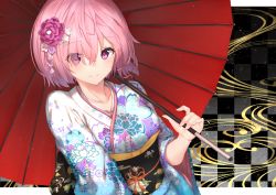 Rule 34 | 1girl, alternate costume, breasts, checkered background, closed mouth, collarbone, commentary request, fate/grand order, fate (series), flower, hair flower, hair ornament, hair over one eye, highres, holding, holding umbrella, japanese clothes, kanzashi, kimono, long sleeves, looking at viewer, mash kyrielight, medium breasts, obi, oil-paper umbrella, pink hair, purple eyes, purple flower, reuri (tjux4555), sash, sidelocks, smile, solo, umbrella, upper body, white kimono, wide sleeves