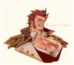 Rule 34 | 1boy, bara, blue eyes, brown hair, cropped torso, cross scar, epaulettes, facial hair, fate/grand order, fate (series), fringe trim, gift art, goatee, grin, happy birthday, henrryxv, highres, jacket, large pectorals, leather, leather jacket, long sideburns, looking at viewer, male focus, mature male, military, military uniform, muscular, muscular male, napoleon bonaparte (fate), partially unbuttoned, pectorals, scar, scar on chest, short hair, sideburns, smile, solo, unfinished, uniform