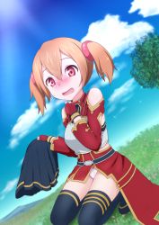 Rule 34 | 10s, 1girl, armor, ayuha taito, blush, bow, bow panties, breastplate, brown hair, fingerless gloves, gloves, highres, panties, pink panties, red eyes, short hair, short twintails, silica, sitting, skirt, unworn skirt, solo, sword art online, thighhighs, twintails, underwear, wariza