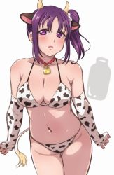 Rule 34 | 1girl, animal ears, animal print, bell, bikini, breasts, cleavage, clenched hands, collar, collarbone, commentary request, cow ears, cow horns, cow print, cow tail, cowbell, elbow gloves, fingerless gloves, gloves, groin, horns, kazuno sarah, large breasts, looking at viewer, love live!, love live! sunshine!!, navel, neck bell, open mouth, print bikini, print gloves, purple eyes, purple hair, red collar, side ponytail, sidelocks, simple background, solo, swimsuit, tail, turkey min, white background