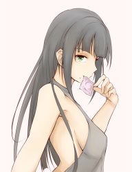 Rule 34 | 10s, 1girl, black hair, breasts, brown dress, commentary request, condom, condom in mouth, condom wrapper, dress, ears visible through hair, from side, green eyes, holding, ken (kenta1922), kurosawa dia, long hair, looking at viewer, love live!, love live! sunshine!!, medium breasts, meme attire, mole, mole under mouth, mouth hold, pink background, sideboob, solo, upper body, virgin killer sweater