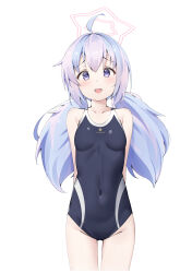 Rule 34 | 1girl, absurdres, ahoge, alternate costume, arms behind back, black one-piece swimsuit, blue archive, blue eyes, blue hair, breasts, collarbone, commentary request, covered navel, halo, highres, komasi, looking at viewer, low twintails, multicolored hair, one-piece swimsuit, pink hair, reisa (blue archive), simple background, small breasts, solo, star halo, swimsuit, thighs, trinity general school swimsuit, twintails, two-tone hair, white background, white halo
