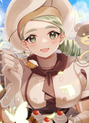 Rule 34 | 1girl, :d, ascot, blush stickers, breasts, brown ascot, buttons, cloud, commentary request, creatures (company), cupcake, day, fence, food, game freak, gen 2 pokemon, gloves, green eyes, green hair, hachimitsu monte, hat, holding, holding spoon, incoming food, katy (pokemon), large breasts, medium breasts, mole, mole on cheek, nintendo, open mouth, outdoors, pokemon, pokemon (creature), pokemon sv, shirt, signature, sky, smile, spoon, ursaring