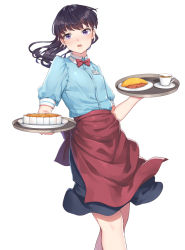Rule 34 | 1girl, apron, black hair, blouse, blue shirt, bow, bowtie, cafe maid (love live!), cowboy shot, fangxiang cuoluan, food, highres, koi wa ameagari no you ni, long hair, looking at viewer, name tag, omelet, omurice, open mouth, pie, ponytail, purple eyes, shirt, simple background, solo, tachibana akira